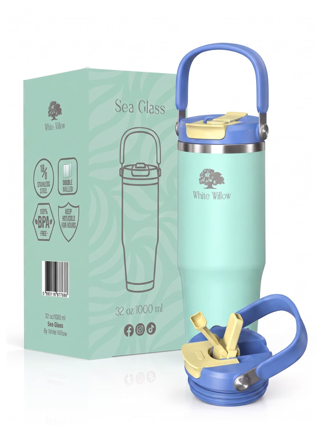 Sea Glass bottle in mint with a blue carry handle and pale yellow lid, shown with its box and a second lid.