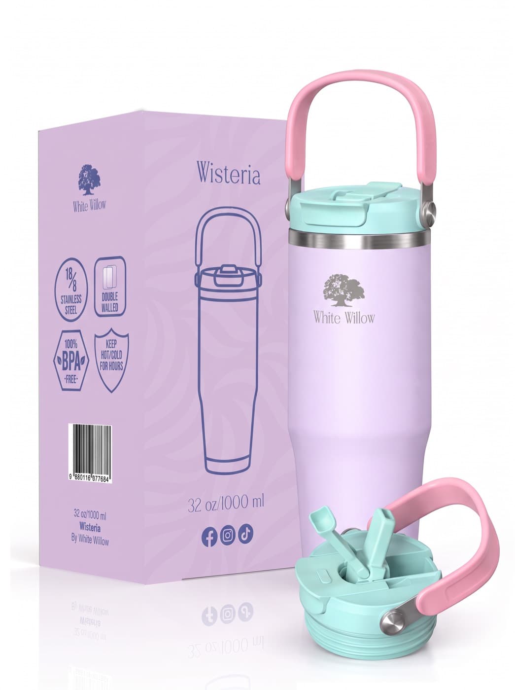 Wisteria bottle in soft lilac with a blush carry handle and aqua lid, shown with its box and a second lid.
